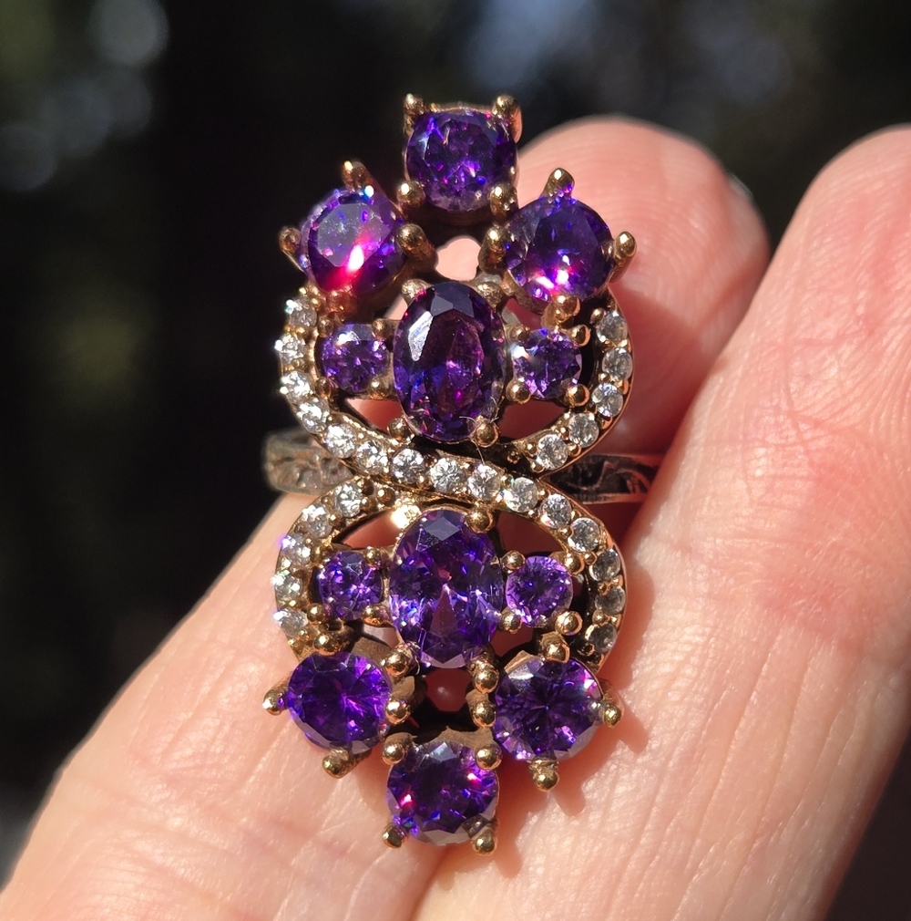 Amethyst & White sapphire Sterling & Gold cocktail ring 7.75 - Picture 3 of 9